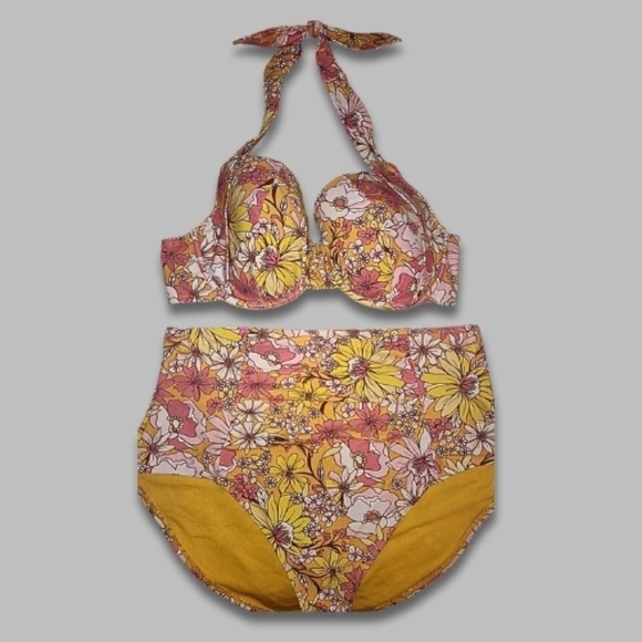 Adore Me Shelby Bikini Set Floral Underwire Halter High-Waist Gold/Pink 44DDD/4X - Picture 2 of 5